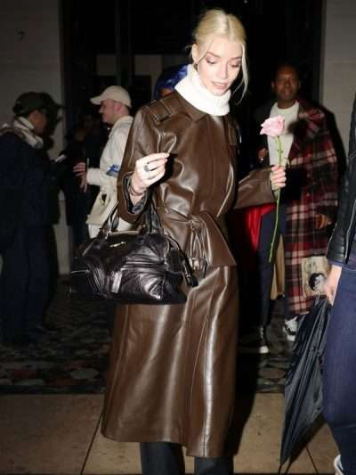 Actress Anya Taylor-Joy Paris Fashion Week Brown Leather Coat