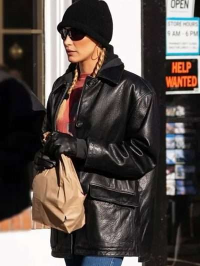 American Model Bella Hadid Black Leather Jacket