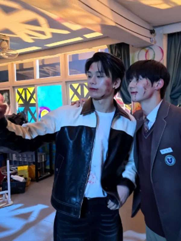 Cha Woo-min Study Group 2025 Black and White Leather Jacket