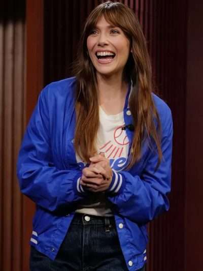 Elizabeth Olsen Blue Bomber Jacket