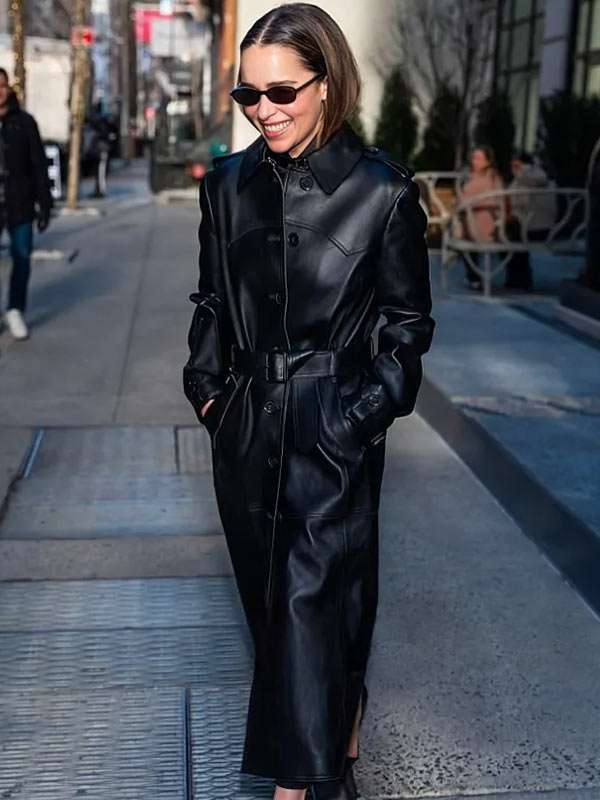 NYC 2026 Emilia Clarke Black Leather Coat