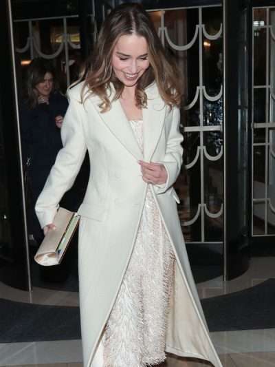 Emilia Clarke Leaving Harper’s Bazaar Coat