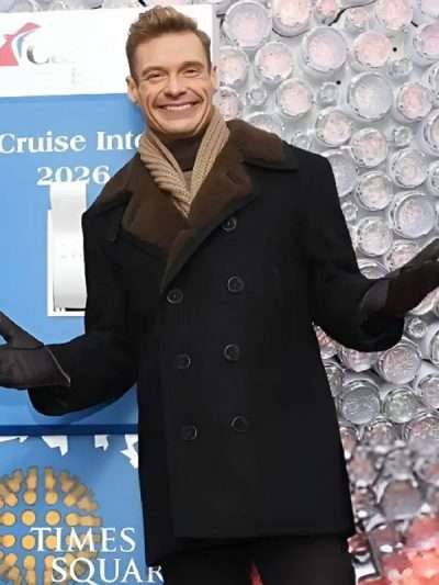 Ryan Seacrest 2026 Black Shearling Peacoat