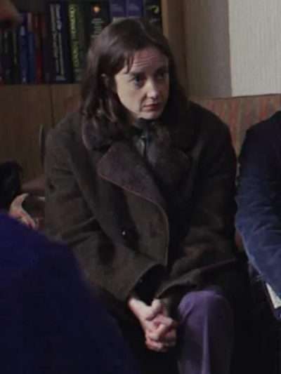 Goodbye June 2025 Andrea Riseborough Brown Shearling Coat