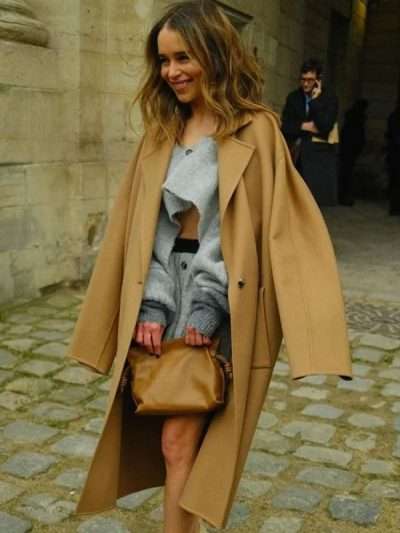 Emilia Clarke Paris Fashion Week Brown Coat