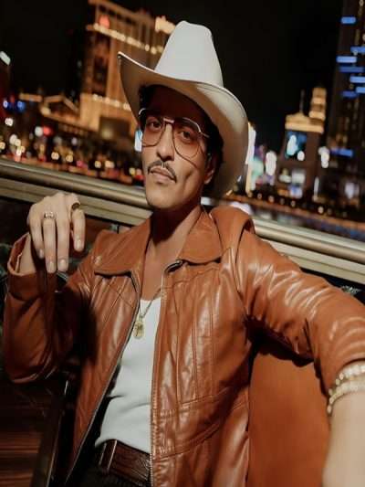 Singer Bruno Mars 2026 Brown Leather Jacket