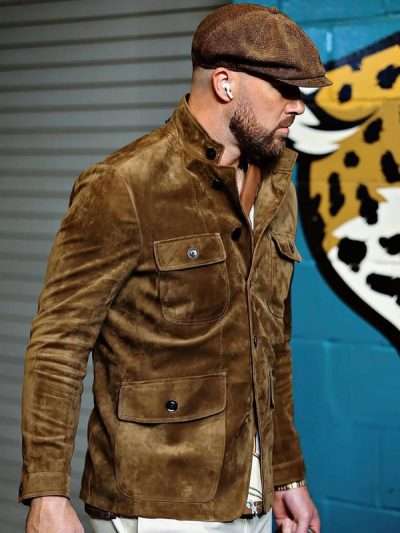 Travis Kelce Cashmere Brown Suede Leather Military Jacket