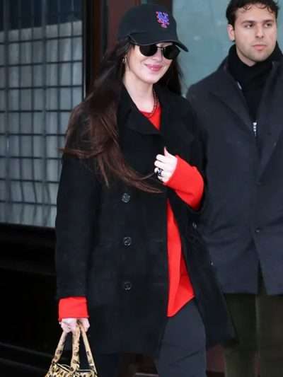 NYC 2026 Dakota Johnson Black Leather Coat