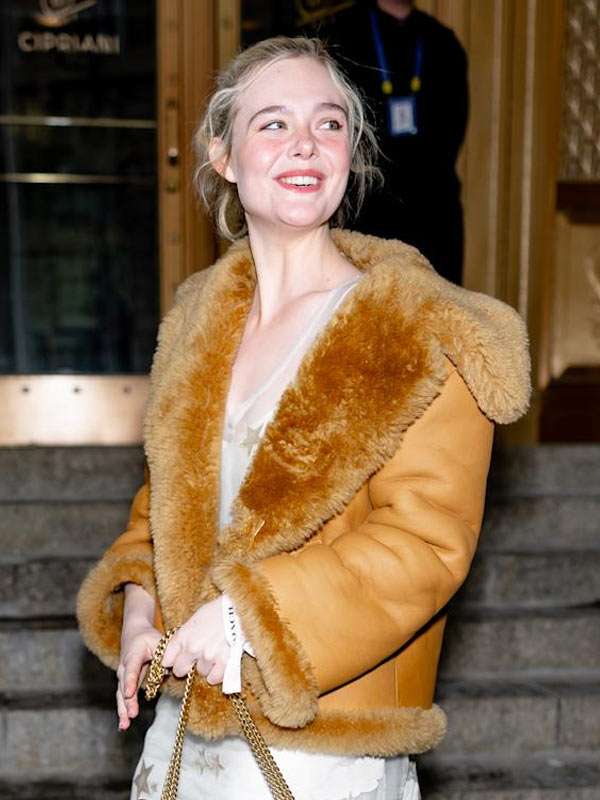 NYC 2026 Elle Fanning Brown Shearling Jacket
