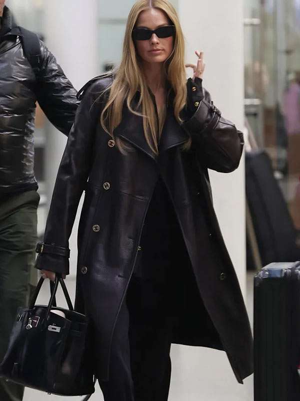 Margot Robbie Black Leather Coat