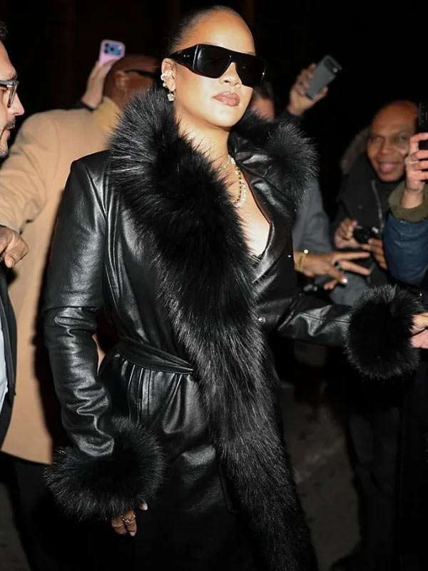 Rihanna Fur Trim Leather Coat