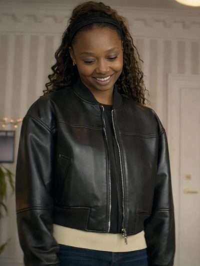 Brilliant Minds 2026 Ashleigh LaThrop Black Bomber Leather Jacket