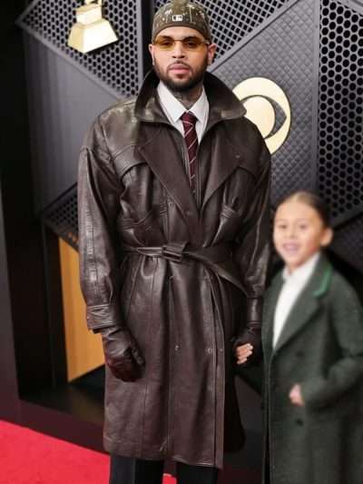 68th Grammy Awards Chris Brown Leather Trench Coat