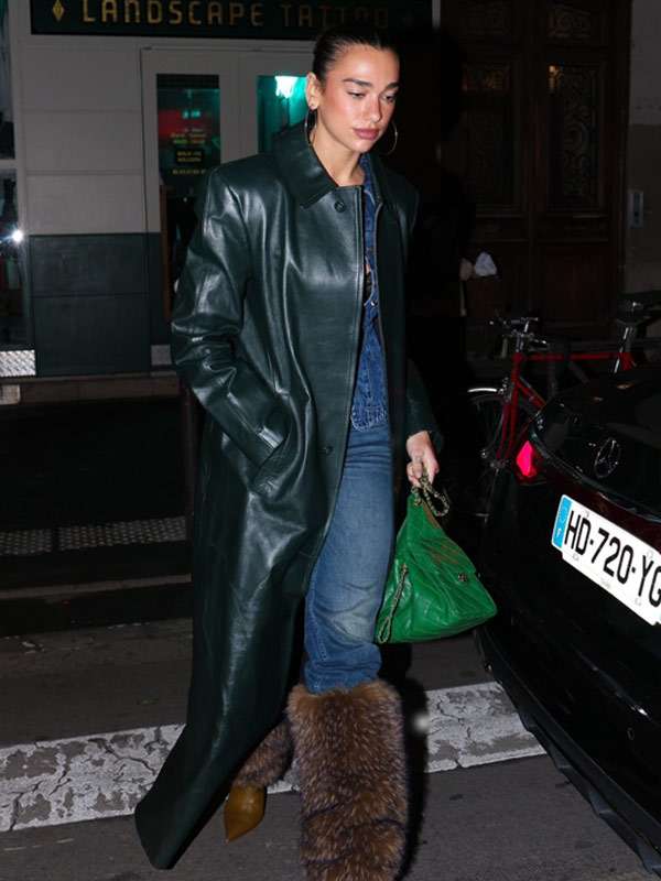 Dua Lipa Green Leather Coat
