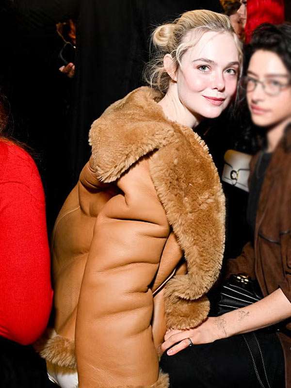 2026 Elle Fanning Brown Shearling Leather Jacket