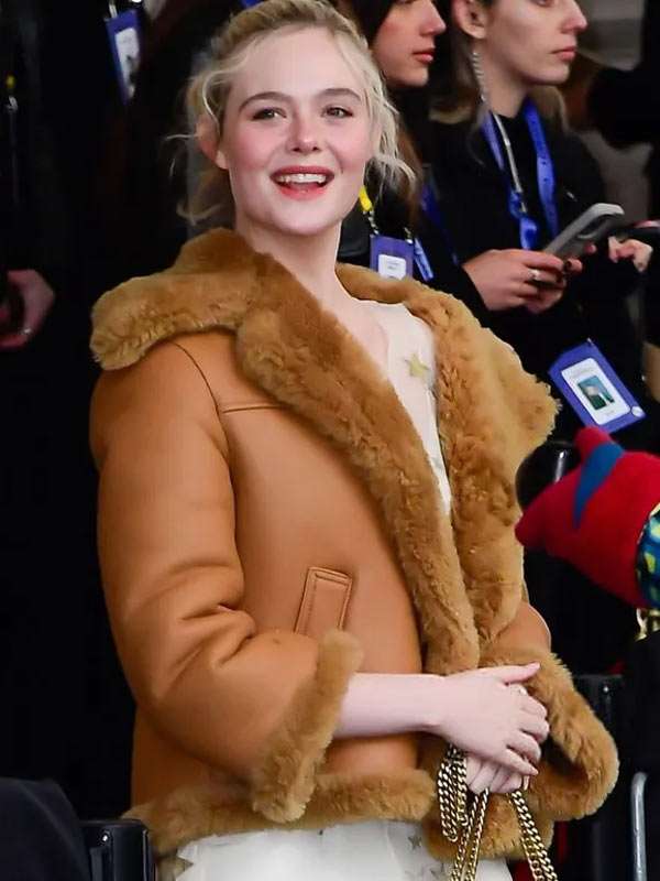Elle Fanning Brown Leather Jacket