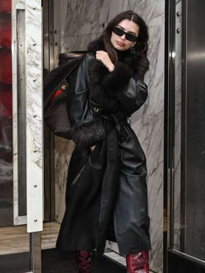Fur Collar Leather Coat NYC 2026 Emily Ratajkowski