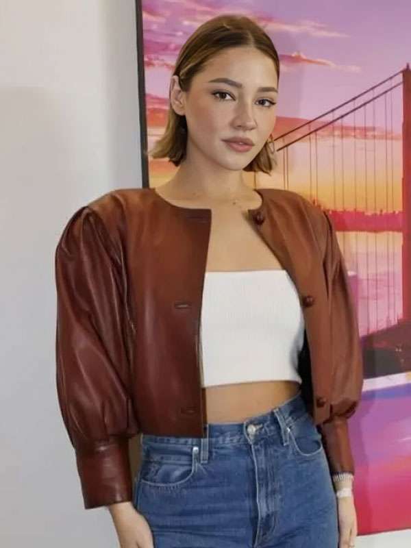 Super Bowl 2026 Madelyn Cline Brown Cropped Jacket