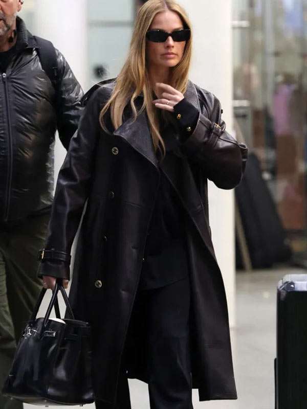 2026 Margot Robbie Black Leather Coat