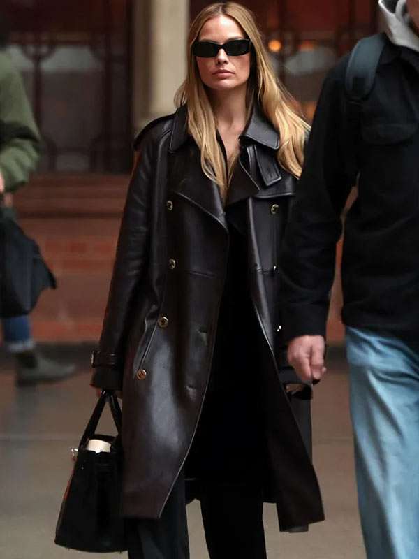 Margot Robbie Black Leather Trench Coat