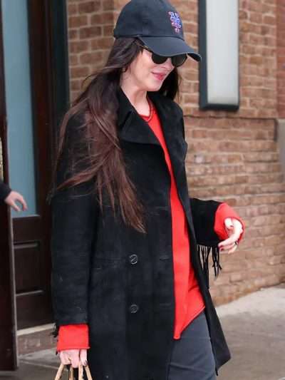 2026 Dakota Johnson Black Suede Leather Coat