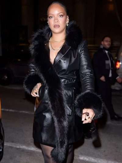 2026 Rihanna Black Leather Trench Coat