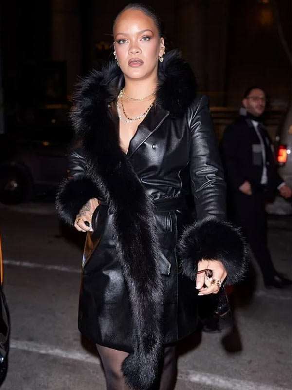 2026 Rihanna Black Leather Trench Coat