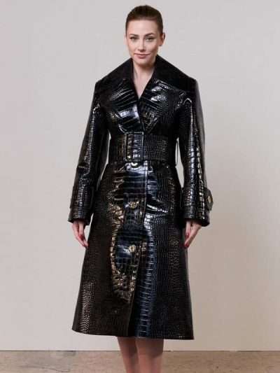 Lili Reinhart PFW Black Leather Coat