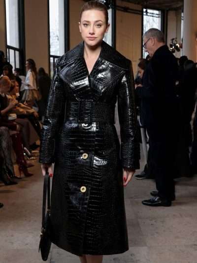 PFW 2026 Lili Reinhart Black Leather Trench Coat