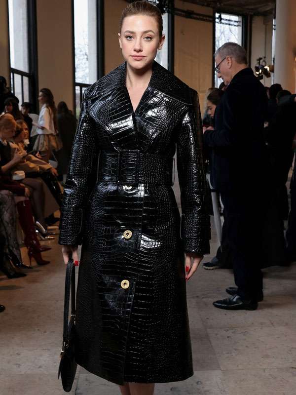 PFW 2026 Lili Reinhart Black Leather Trench Coat
