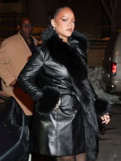 NYC 2026 Rihanna Fur Trim Leather Coat
