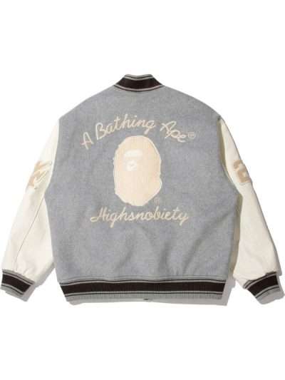 Unisex Bape x Highsnobiety Grey and White Varsity Jacket