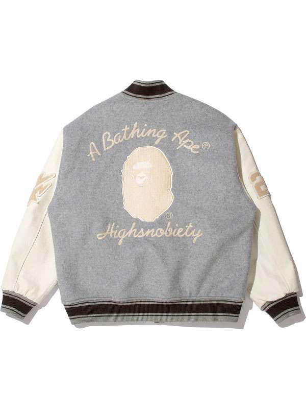 Unisex Bape x Highsnobiety Grey and White Varsity Jacket