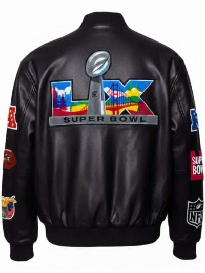 Super Bowl 2026 Black Leather Bomber Jacket