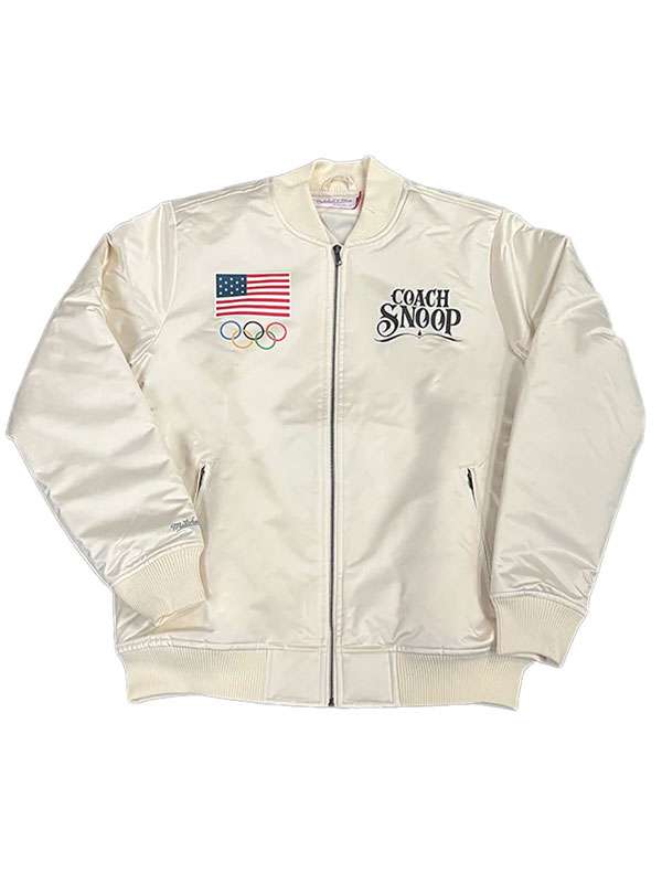 Team USA Olympics Coach Snoop Dogg White Satin Bomber Jacket