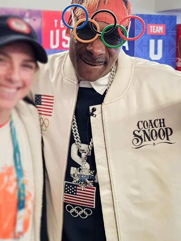 Team USA Olympics 2026 Coach Snoop Dogg White Satin Bomber Jacket