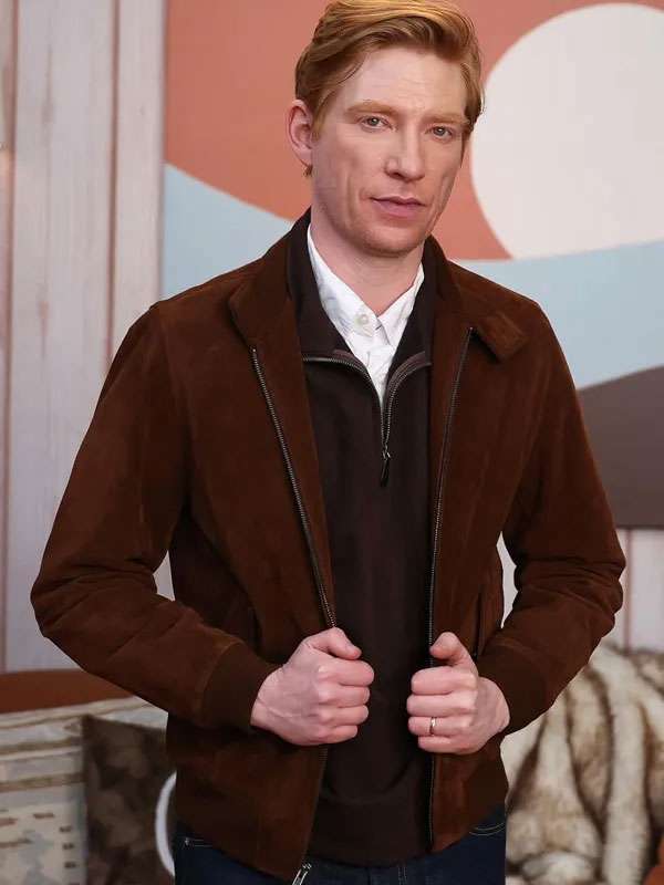 The Incomer 2026 Domhnall Gleeson Brown Suede Leather Bomber Jacket
