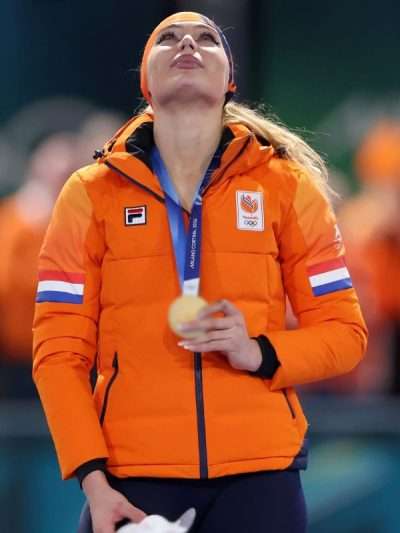 Winter Olympic 2025 Jutta Leerdam Orange Puffer Hooded Jacket