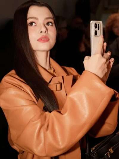 2026 Becky Armstrong Orange Leather Trench Coat
