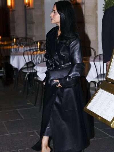 Becky G Double-Breasted Black Leather Belted Coat