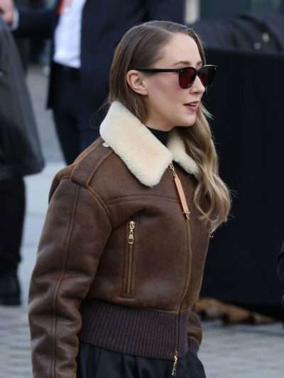 Erin Doherty LV PFW 2026 Shearling Brown Leather Jacket