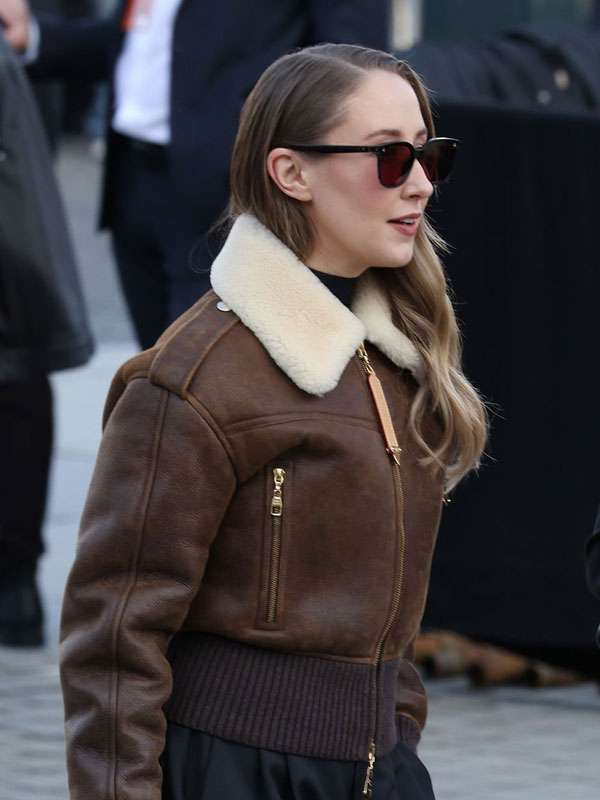 Erin Doherty LV PFW 2026 Shearling Brown Leather Jacket