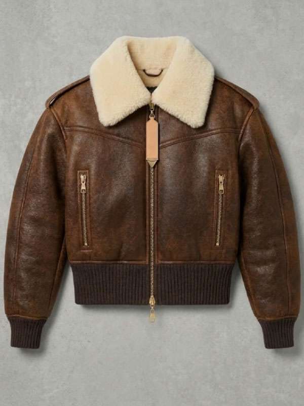 Erin Doherty LV PFW 2026 Shearling Brown Jacket