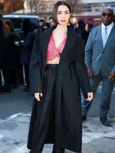2026 Lily Collins Black Wool Coat