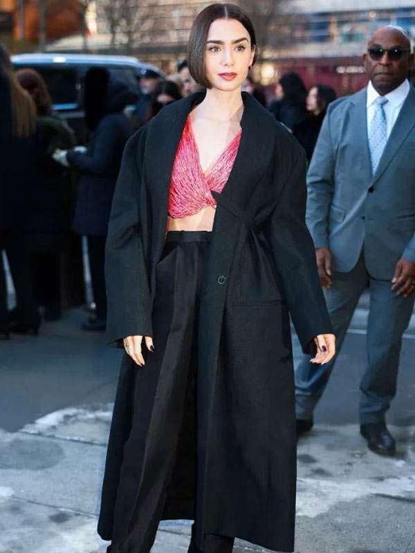 2026 Lily Collins Black Wool Coat