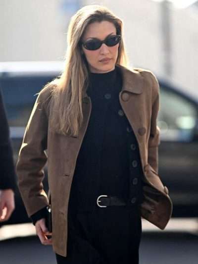 Bella Hadid Milan Fashion Week 2026 Suede Jacket
