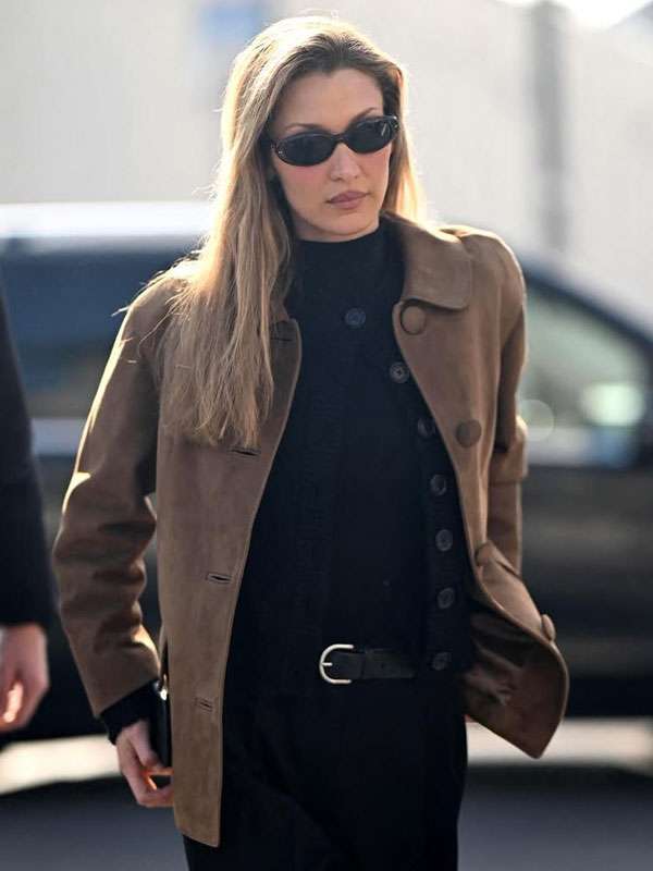 Bella Hadid Milan Fashion Week 2026 Suede Jacket