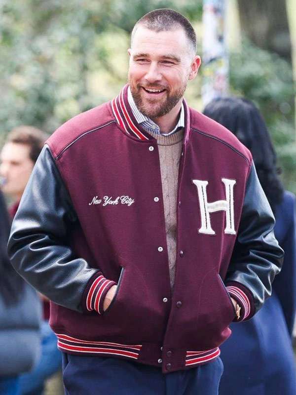 Central Park Travis Kelce Maroon and Black Varsity Jacket