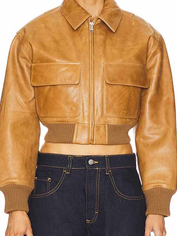 The Reunion Laguna Beach 2026 Show Kristin Cavallari Brown Cropped Leather Bomber Jacket