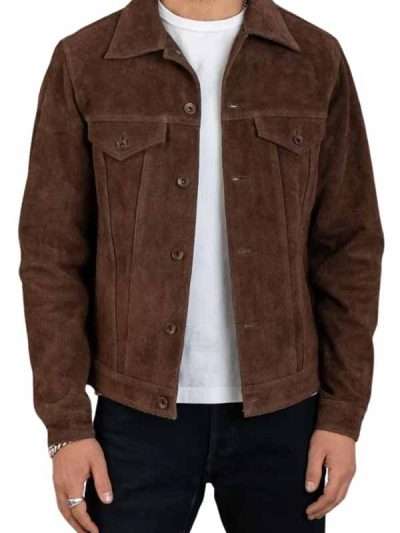 Vintage Style Brown Suede Leather Trucker Jacket